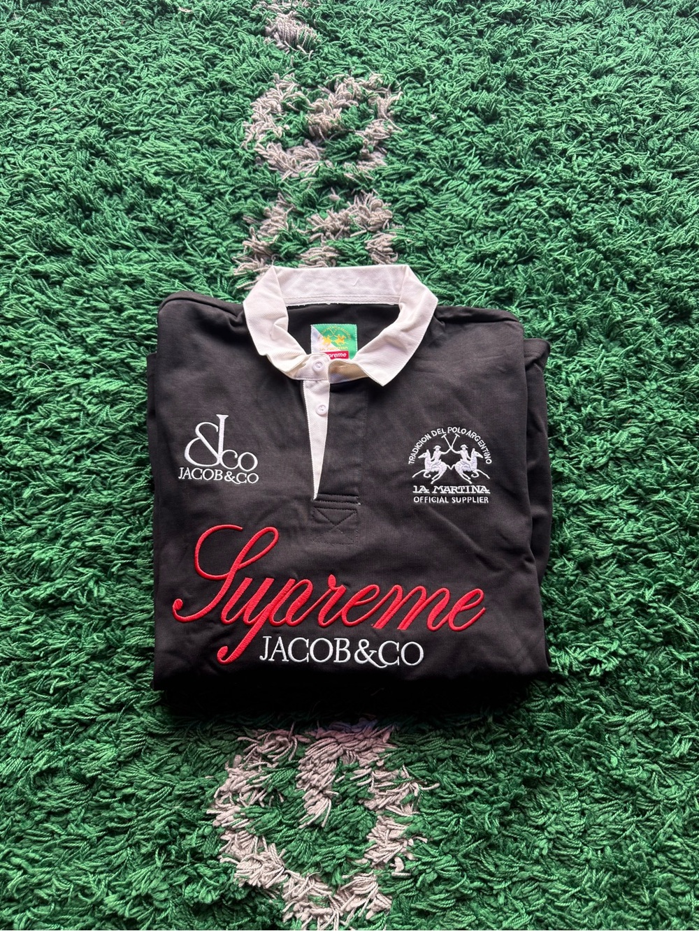 Supreme Black Polo with White Collar and Red Script